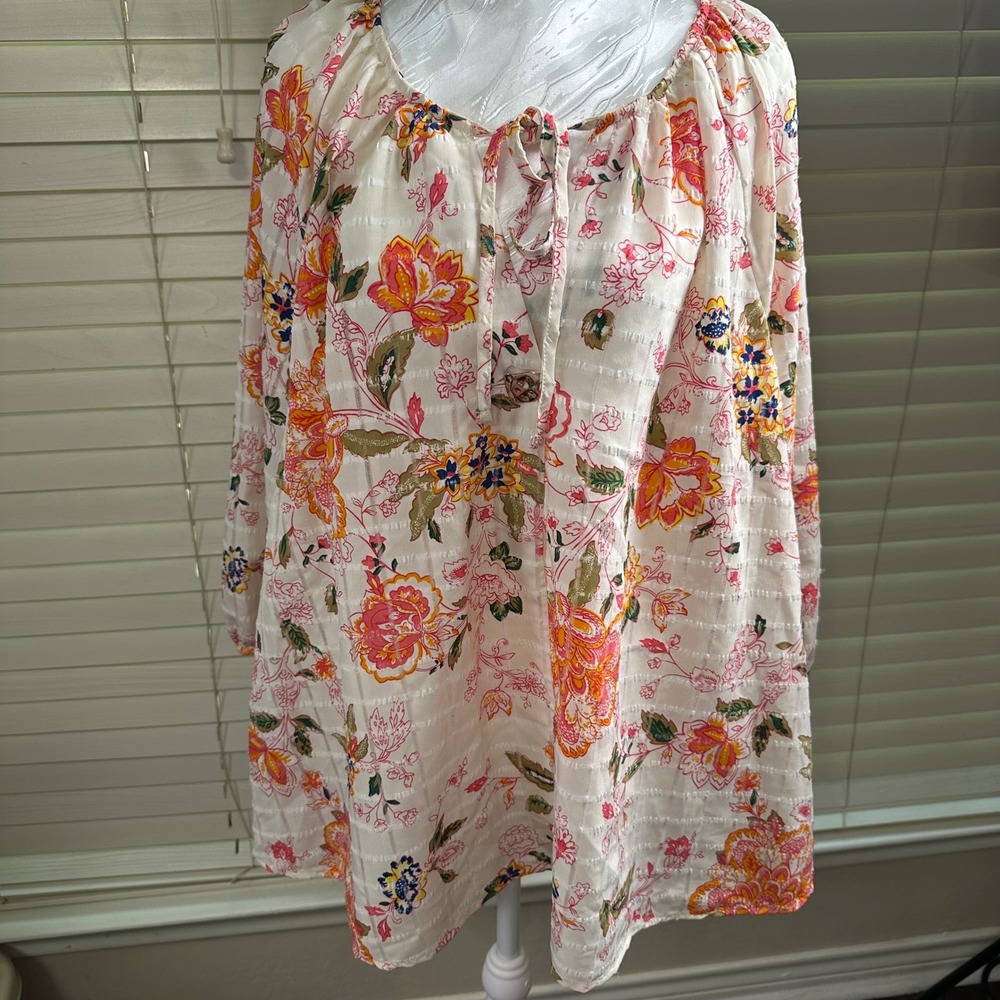 Lane Bryant Peasant Blouse Women 18/20 White Floral Clip Dot Tie Neck Top Flowy